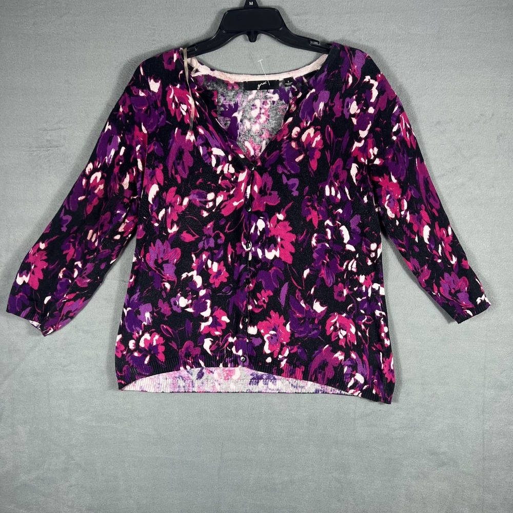 gnw. Women's L Large Purple Black Floral 3/4 Sleeve Cotton‎ Cardigan Sweater